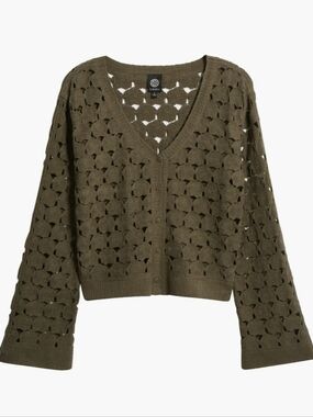 bobeau Olive Green Bell Sleeve Crochet Cardigan
